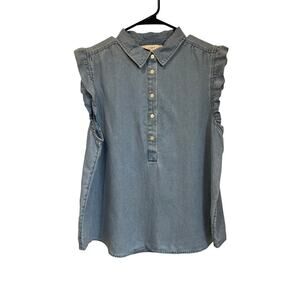 LOFT Sleeveless Chambray Button Front Ruffle Blouse Preppy NWT Size XL
